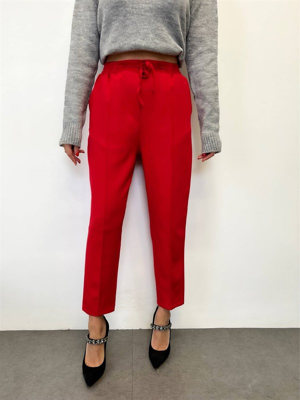 Kırmızı  Düz Kesim Bağcık Detay Kumaş Pantolon
