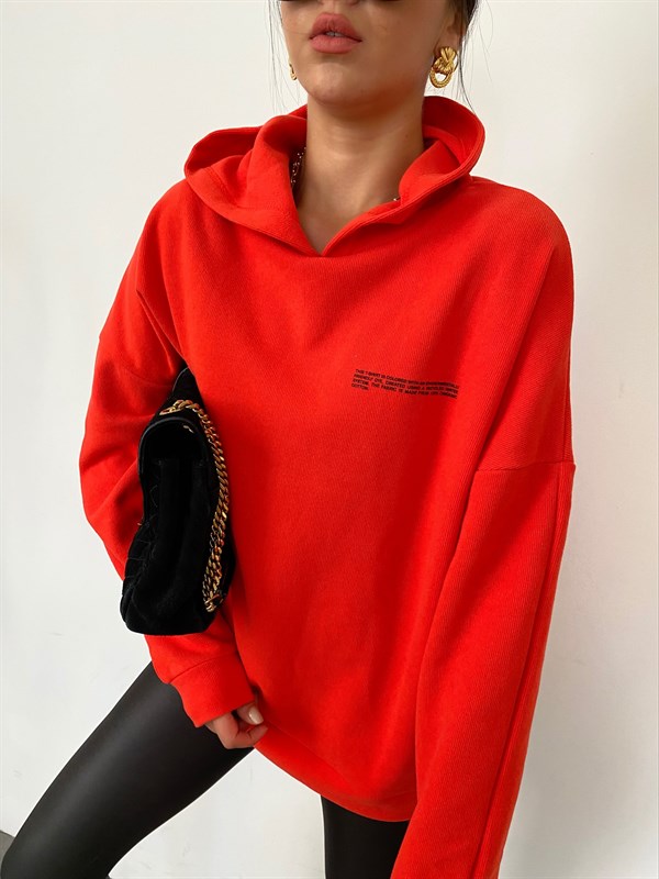 Kırmızı  Kapüşonlu İnce Fitil Dokuma Geniş Kesim Pamuklu Sweatshirt