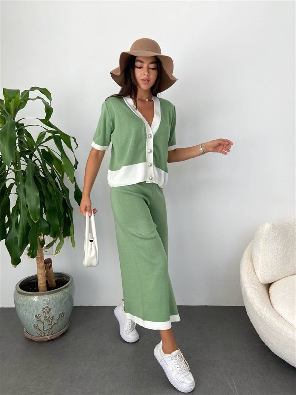 Naturel Green  Beyaz Şeritli Hırka Pantolon Tasarım Takım