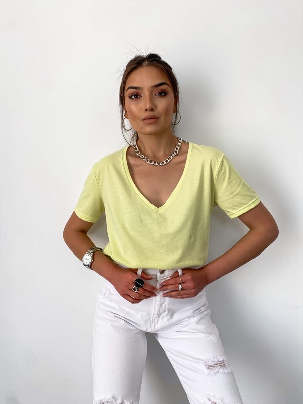 Neon Sarı  V-Neck Pamuklu Basic Tişört