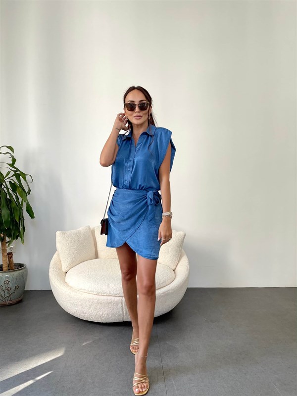 Ocean-Blue  Saten Soft-Touch Gömlek Yaka Tasarım Elbise