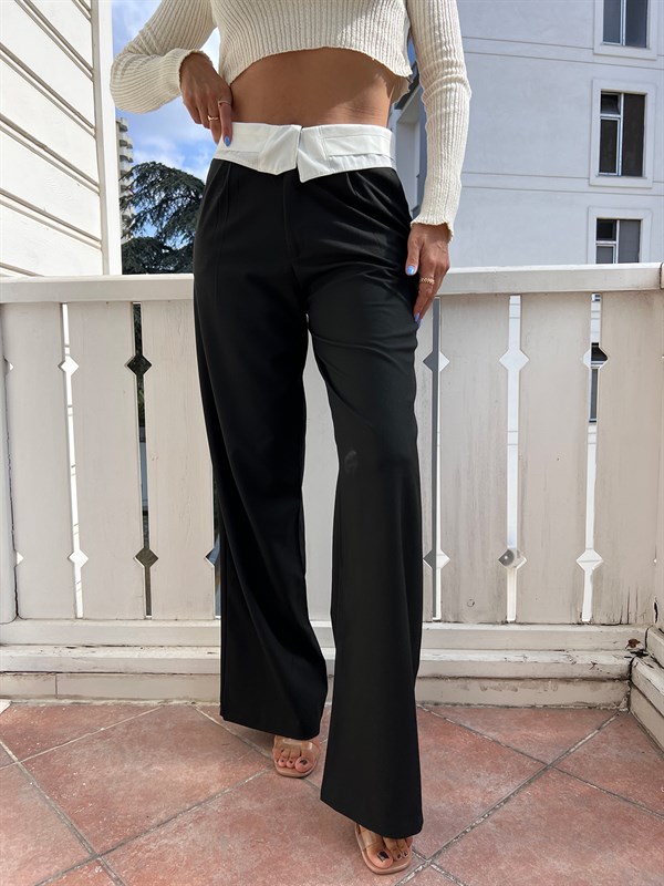 Siyah  Bel Detay Tasarımlı Palozzo Pantolon