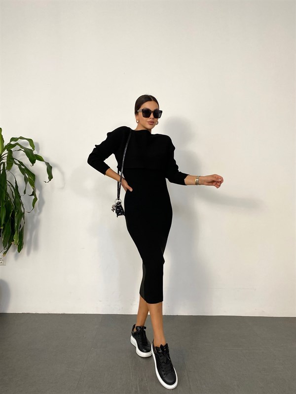 Siyah  Fitilli Crop Kazak& Slim-Fit Elbise Takım
