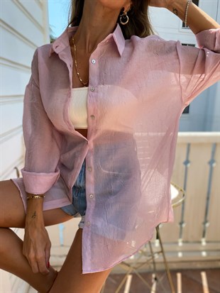   Şeffaf Tasarımlı Oversize Kadın Açık Pembe Gömlek