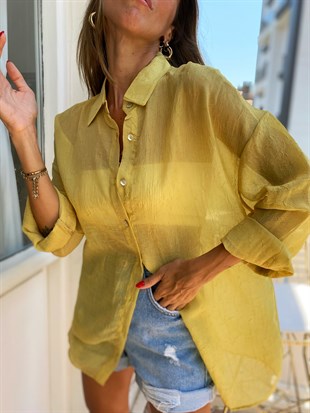   Şeffaf Tasarımlı Oversize Kadın Sarı Gömlek