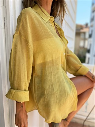   Şeffaf Tasarımlı Oversize Kadın Sarı Gömlek