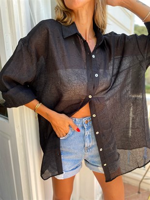   Şeffaf Tasarımlı Oversize Kadın Siyah Gömlek
