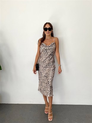 Bej Çita  Saten Askısı Ayarlanabilir Degaje Yaka Midi Elbise