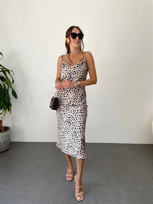 Bej Çita  Saten Askısı Ayarlanabilir Degaje Yaka Midi Elbise