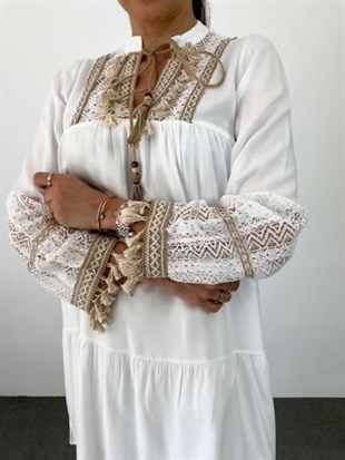 Beyaz  Camel Nakış İşleme Detay Astarlı Bohem Elbise