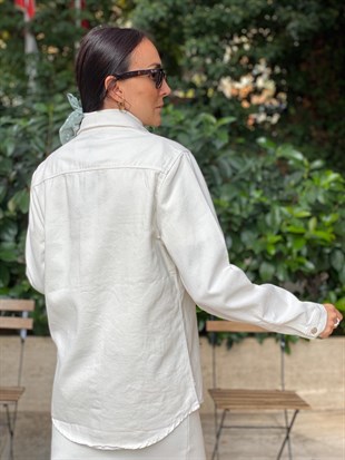 Beyaz  Pamuk Düğmeli Jean Ceket