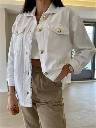 Beyaz  Stylish-Casual Püskül Ve Gold Düğme Detaylı Ceket