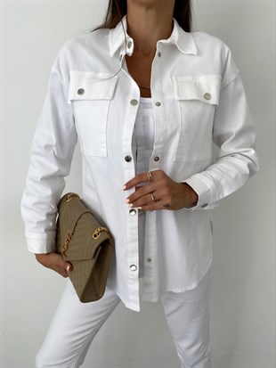 Beyaz  Cotton Düğmeli Gömlek Ceket