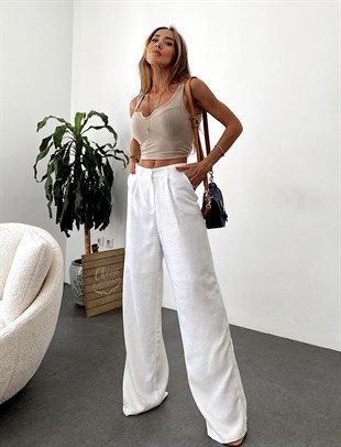 Beyaz  Keten Kumaş İç Astarlı Bol Paça Formlu Yüksek Bel Pantolon