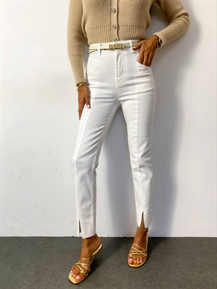 Beyaz  Önü Dikişli Cotton Jean Pantolon
