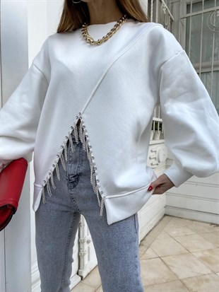 Beyaz  Yakası ve Sırtı Taş İşlemeli Balon Kol Sweatshirt