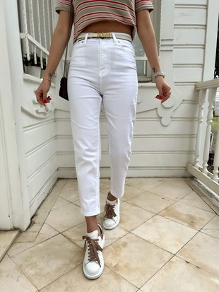 Beyaz  Yüksek Bel Jean Pantolon