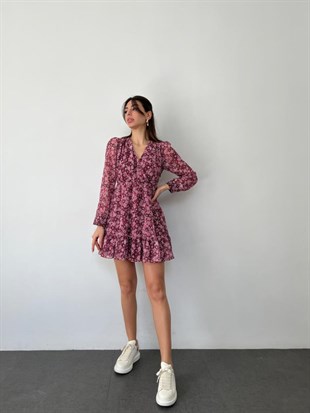 Bordo  Çıtır Desen Etek Ucu Fırfırlı Kruvaze Yaka Elbise