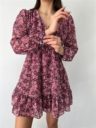 Bordo  Çıtır Desen Etek Ucu Fırfırlı Kruvaze Yaka Elbise