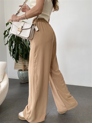 Camel  Bağcıklı Rahat Kesim Bol Paça Formlu Yüksek Bel Kumaş Pantolon