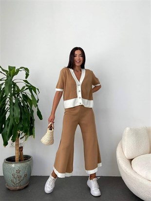 Camel  Beyaz Şeritli Hırka Pantolon Tasarım Takım
