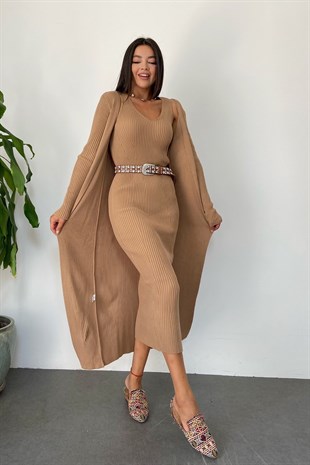 Camel  Fitilli Dokuma V-Neck Kolsuz Elbise ve Uzun Hırka İkili Takım