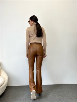 Camel  Yırtmaçlı Önü Dikiş Detay Deri Pantolon