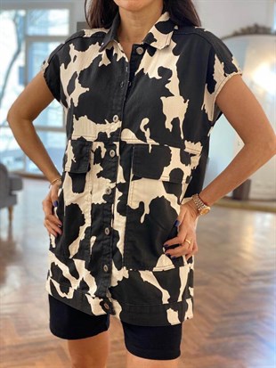 Füme  Kolsuz Cow Pattern Oversize Ceket