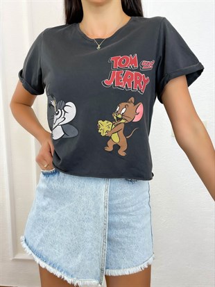 Füme  Tom&Jerry Baskılı Kolları Katlamalı Crop Tişört