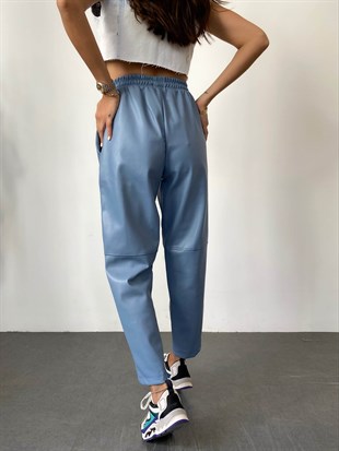 İndigo Mavi  Bağcık Detay Bol Kesim Deri Pantolon
