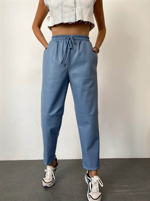 İndigo Mavi  Bağcık Detay Bol Kesim Deri Pantolon