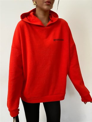 Kırmızı  Kapüşonlu İnce Fitil Dokuma Geniş Kesim Pamuklu Sweatshirt