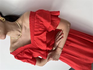 Kırmızı  Kolu Volanlı Gipeli Elbise