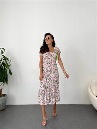 Krem  Renkli Çiçek Desen Sırt Dekolte Detaylı Midi Elbise