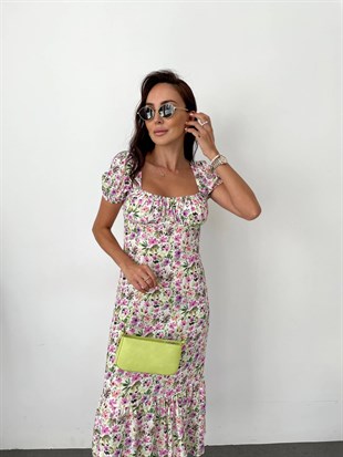 Krem  Renkli Çiçek Desen Sırt Dekolte Detaylı Midi Elbise