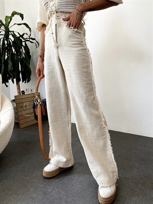 Krem  Yanı Püskül Şeritli Organic İçerik Pantolon