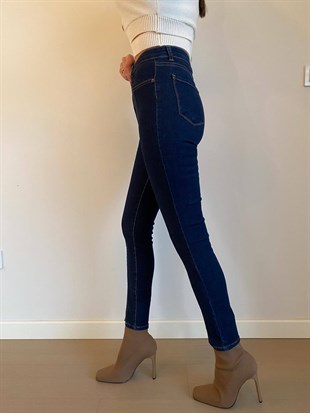 Lacivert  Ön Dikiş Detay Yırtmaçlı Skinny Jean