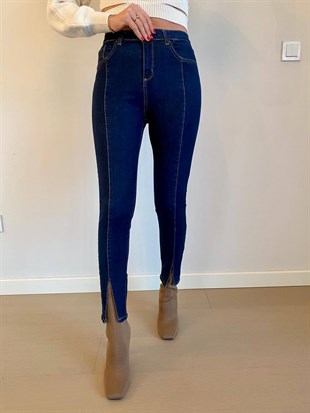 Lacivert  Ön Dikiş Detay Yırtmaçlı Skinny Jean