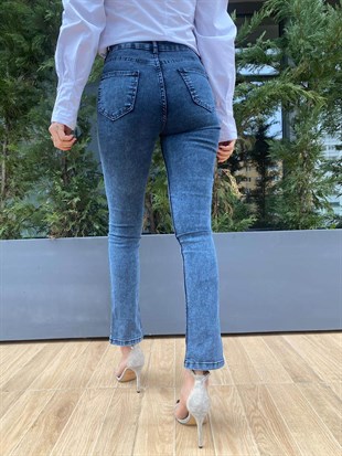 Lacivert  Önü Dikiş Detay Yırtmaçlı Yüksek Bel Yıkamalı Skinny Jean Pantolon