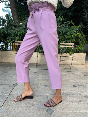 Lila  Yüksek Bel Boru Paça Bağcık Detay Pantolon