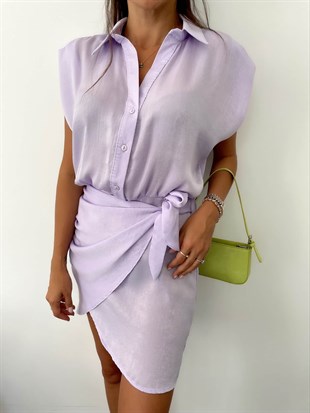 Lila  Saten Soft-Touch Gömlek Yaka Mini Elbise