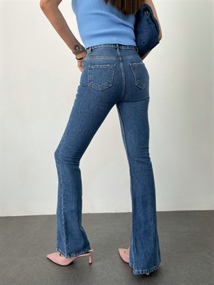 Mavi  Paçası Yırtmaçlı Önü Dikişli Yüksek Bel Jean
