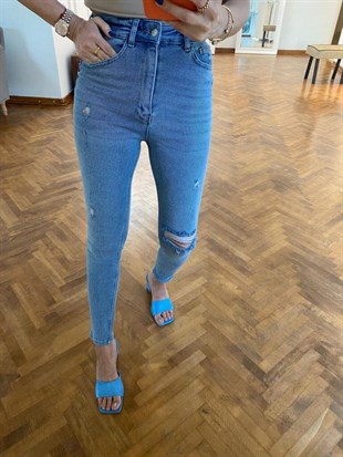Mavi  Yüksek Bel Yıkamalı Yırtık Detaylı Skinny Jean Pantolon