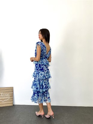 Mavi  Derin V Yaka Kat-Kat Tasarımlı Midi Elbise