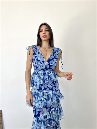 Mavi  Derin V Yaka Kat-Kat Tasarımlı Midi Elbise