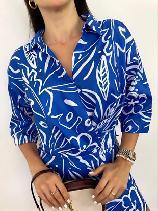 Mavi  Desenli Geniş Kol Kesimli Crop Gömlek & Mini Etek Takım