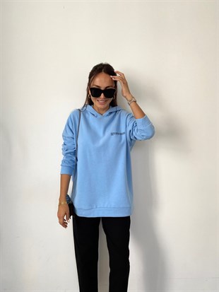 Mavi  Kapüşonlu İnce Fitil Dokuma Geniş Kesim Pamuklu Sweatshirt