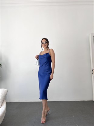 Mavi  Loose-Collar Saten Kumaş İp Askılı  Midi Elbise