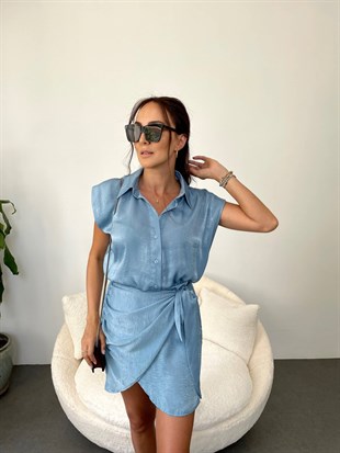 Mavi  Saten Soft-Touch Gömlek Yaka Tasarım Elbise