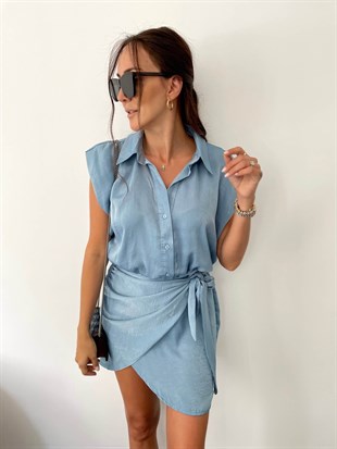 Mavi  Saten Soft-Touch Gömlek Yaka Mini Elbise